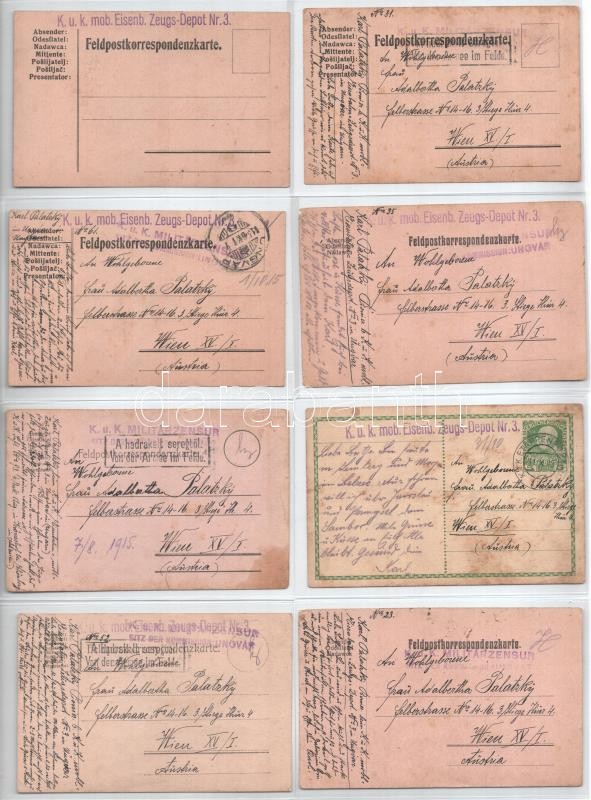 KARL PALATZKY - 38 db első világháborús katonai saját kézzel rajzolt tábori posta levelezőlap (K.u.k. mo. Eisenb. Zeugs-Depot Nr. 3. Feldpostkorrespondenzkarte) / KARL PALATZKY - 38 WWI military hand-drawn field postcards - Image 4