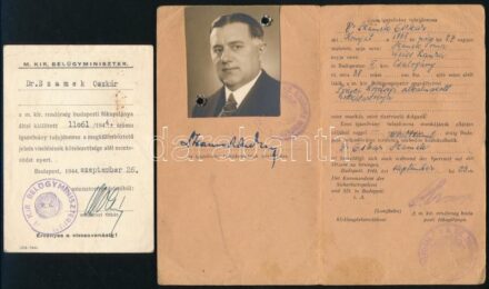 1944 Sárga csillag viselésére szolgáló igazolvány Oskar Szamekiu a volt román diplomáciai misszió, valamint a csillag viselése alól mentesítő igazolvány. / Id for Hungarian Jewish person for releaving from the obligation to wear a