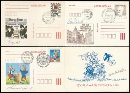 9 db bélyegtervező művész, grafikus aláírása általuk tervezett képeslapon: Dargay, Kass János, Eszes Róbert, Kékesi László, Varga Pál, Bokros Ferenc, Wiederkomm Ervin.