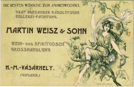 1902 Hódmezővásárhely, Martin Weisz & Sohn Wein- und Spirituosen Grosshandlung. Die besten Wünsche zum Jahreswechsel / Weisz Márton és fia bor és szeszes ital nagykereskedő újévi üdvözlő reklámlapja. Art Nouveau litho s: Engel