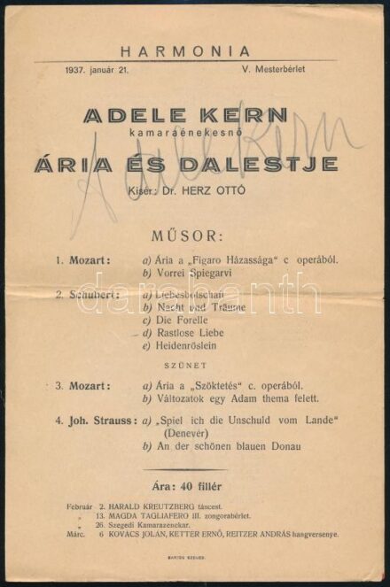 Adele Kern kamaraénekesnő estjének műsora, a művész autográf aláírásával