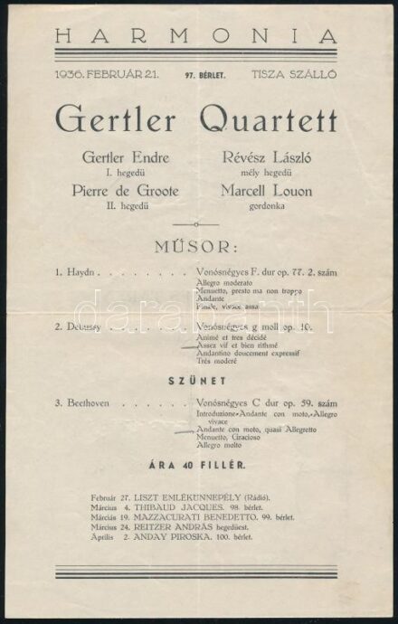 A Gertler quartett targjainak (Gertler Endre, Pierre de Groote, Révész László, Marcell Louon) aláírása koncertjük műsorfüzetén