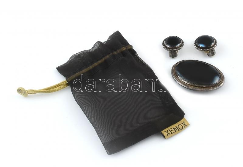 Ezüst (Ag) bross és klipszes fülbevaló, hematittal ékítve, jelzett, bruttó: 48g