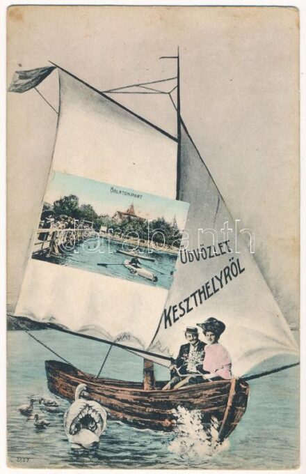 1910 Keszthely, Balatonpart. Montázs romantikus vitorlás kirándulással (fl)