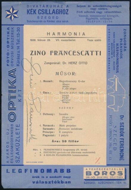 Zino Francescatti hangversenyestjének műsora a művész autográf aláíárásával / autograph signature