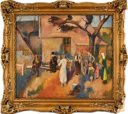 Szőnyi I jelzéssel: Társaság. Olaj, vászon. Dekoratív, sérült fakeretben. 56×68 cm