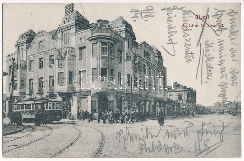 1914 Budapest IV. Újpest, Árpád és István út sarok, villamos, áruház, cukrászda, üzletek. Selley Károly fényképész kiadása