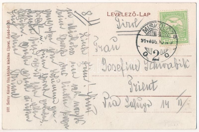 1914 Budapest IV. Újpest, Árpád és István út sarok, villamos, áruház, cukrászda, üzletek. Selley Károly fényképész kiadása - Image 2