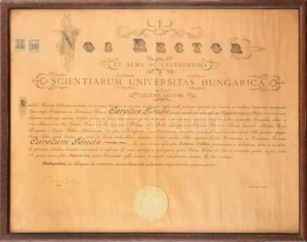 1911 Államtudományi diploma oklevél üvegezett keretben Angyal Pál és Hanuy Ferenc aláírásával. üvegezett keretben. 70x50 cm