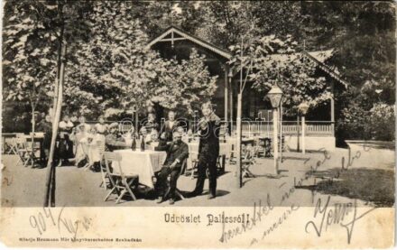 1904 Palics, Palic (Szabadka, Subotica); Vendéglő kertje hegedűssel / restaurant garden with violinist (EM)