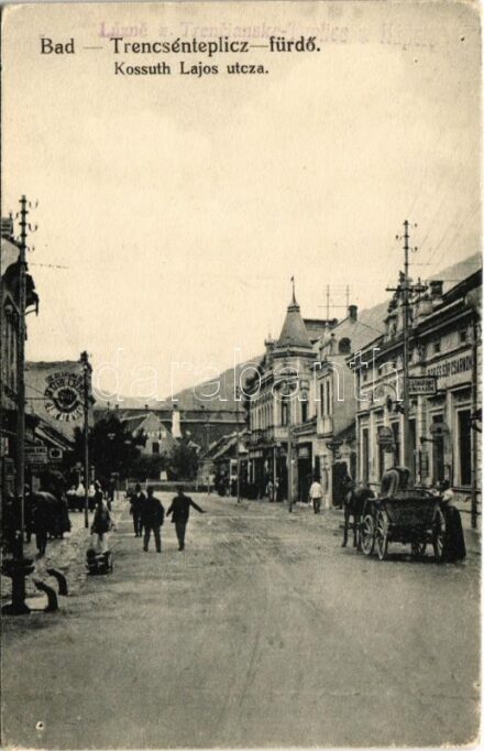 Trencsénteplic-fürdő, Trencianske Teplice; Kossuth Lajos utca, lovaskocsi, bor és sör csarnok, vendéglő, étterem, üzletek, Attila ház / Restaurant Wiener Kuche / street, restaurant, beer and wine hall, shops