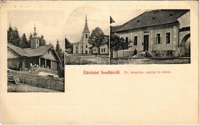 Svedlér, Svedlár (Szepes, Zips); Evangélikus templom, paplak, és iskola / Lutheran church, school and rectory (EK)