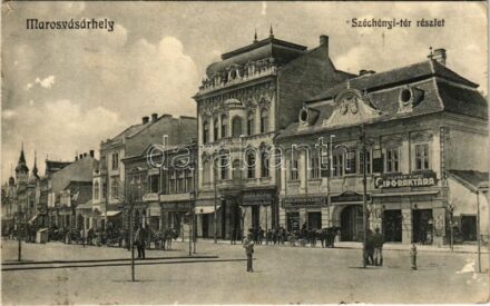 1914 Marosvásárhely, Targu Mures; Széchenyi tér, József Emil cipőraktára, Bank és Takarékpénztár rt., Benjamin Adolf ezelőtt Schwartz János sütödéje és lisztraktára az Arany Szarvashoz, Hary Géza, Hübner Lajos, Vasváry és
