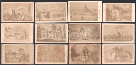 1873 Bécs, világkiállítás, pavilonok, 21 db fénynyomat, sérülésekkel, foltokkal, 6×10 cm / 1873 Vienna, world exhibition, 21 photogravures, some in damaged condition