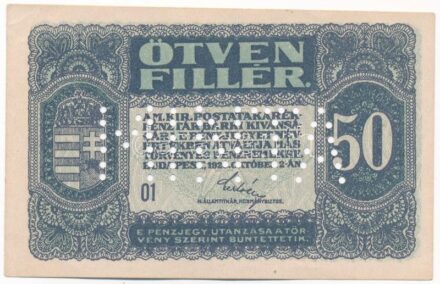 1920. 50f '01'-es számmal, 'MINTA' perforációval T:I- sarokhajlás, vágáshiba / Hungary 1920. 50 Fillér '01' with 'MINTA (SPECIMEN) perforation C:AU Adamo SK2