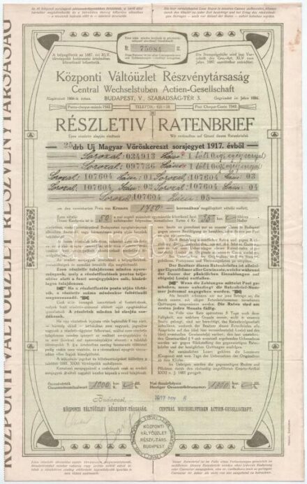 Budapest 1918. 'Központi Váltóüzlet Részvénytársaság' részletíve 25 darab 1917-es Új Magyar Vöröskereszt sorsjegyről T:III