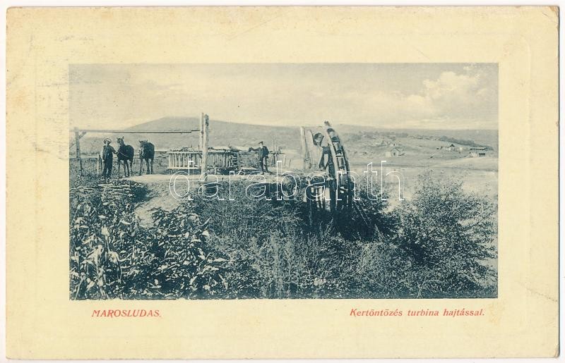 1911 Marosludas, Ludosul de Mures, Ludus; Kertöntözés turbina hajtással. W.L. Bp. 6405. Glück József kiadása 8006. / Garden irrigation with turbine drive, watering (EK)