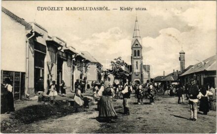 1914 Marosludas, Ludosul de Mures, Ludus; Király utca, templom, piac, Mihály Móritz üzlete. Glück J. kiadása / street, market, shops (EK)