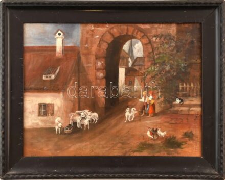 Olvashatatlan (E. Weber?) jelzéssel: Beszélgetők. Olaj, rétegelt lemez. Dekoratív fakeretben, 30x40 cm