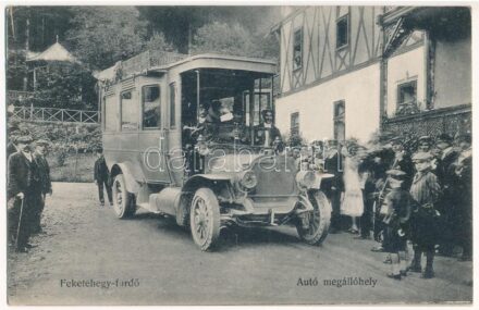 1914 Feketehegy-fürdő, Feketehegy, Cernohorské kúpele (Merény, Vondrisel, Nálepkovo); autóbusz megálló / autobus station, bus stop (EK)
