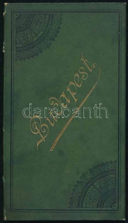 cca 1896 Budapest nevezetességeit bemutató leporelló, feliratozva, hátoldalában Szilágyi Béla könyv- és zeneműkereskedésének reklámjával, kötés gerincén kis sérülésekkel