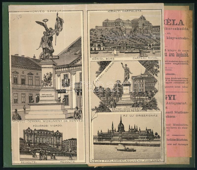 cca 1896 Budapest nevezetességeit bemutató leporelló, feliratozva, hátoldalában Szilágyi Béla könyv- és zeneműkereskedésének reklámjával, kötés gerincén kis sérülésekkel - Image 2