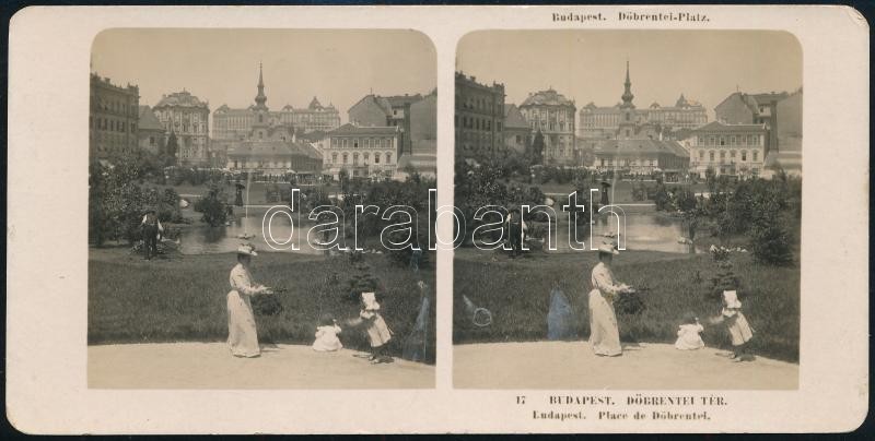 1906 Budapest, Döbrentei tér, feliratozott sztereófotó, felületén törésnyom, kisebb foltok, 9×17,5 cm