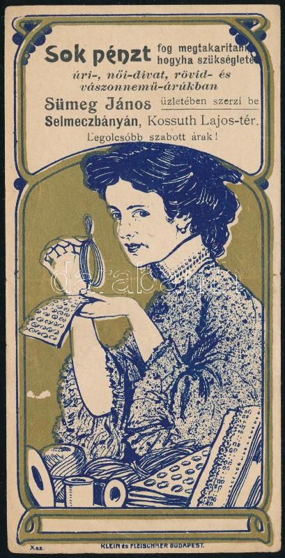 cca 1910 Sümeg János selmecbányai (Felvidék, Banská Štiavnica) divatüzletének számolócédulája, hajtott, hátoldalon Daubner János pecsétjével