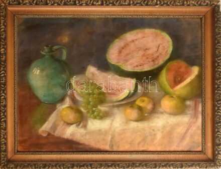 Jelzés nélkül: Dinnyés csendélet. Pasztell, papír. Üvegezett, dekoratív, sérült fakeretben, 60x70 cm
