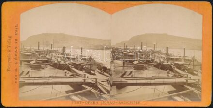 cca 1870 Pest-Budai dunai kilátás, hajtók, háttérben a Citadella, sztereófotó, feliratozva, 9×17,5 cm