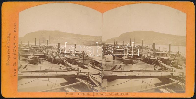 cca 1870 Pest-Budai dunai kilátás, hajtók, háttérben a Citadella, sztereófotó, feliratozva, 9×17,5 cm