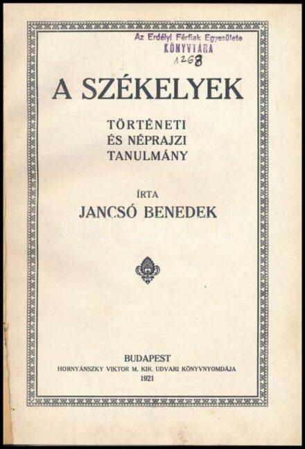 Jancsó Benedek: A székelyek. Történeti és néprajzi tanulmány. Első kiadás. Bp., 1921, Hornyánszky Viktor,1+46+1 p. Lapszámozáson belül fekete-fehér egészoldalas és szövegközti rajzokkal illusztrált. Átkötött