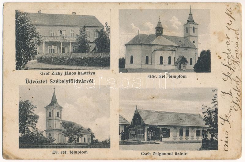 1916 Székelyföldvár, Feldioara-Razboieni, Razboieni-Cetate; Görögkeleti és református templom, Gróf Zichy János kastélya, Cseh Zsigmond üzlete és saját kiadása, Lang Henrik fényképészeti műterméből / castle, Orthodox and