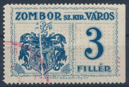 1914 Zombor városi okmánybélyeg papírránccal / fiscal stamp with paper crease