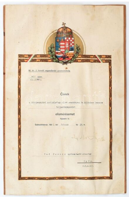 1931 Díszes elismerő oklevél a székesfehérvári I. világháborús katonaszobor ügyében tett 'közigazgatási szolgálatban elért eredményes és különösen hasznos teljesítményért', Vad Ferenc nyilvántartó almester, a győri 2.