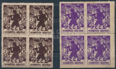 1921 Pécs Hirdetési bélyeg 2kr és 5kr négyestömbök