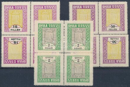 1926-1932 Gyula 15fm 50f és 2P négyestömbök, fordított párokkal