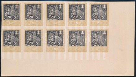 1914 20K ívsarki 10-es tömb karton nyomat a mintaalbumból / Corner block of 10 printed on cardboard paper