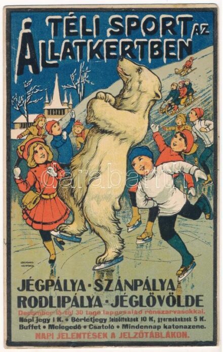 1914 Téli sport az Állatkertben. Budapest Székesfővárosi Állatkert reklámlapja, jégpálya, szánpálya, rodlipálya, jéglövölde. Székesfővárosi Házinyomda / Budapest zoo advertisement art postcard. Winter sport. litho (EK)