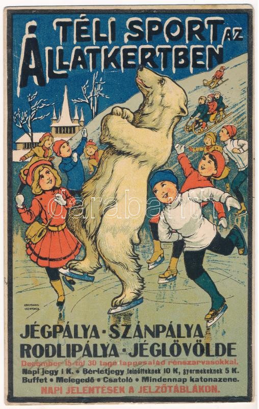 1914 Téli sport az Állatkertben. Budapest Székesfővárosi Állatkert reklámlapja, jégpálya, szánpálya, rodlipálya, jéglövölde. Székesfővárosi Házinyomda / Budapest zoo advertisement art postcard. Winter sport. litho (EK)