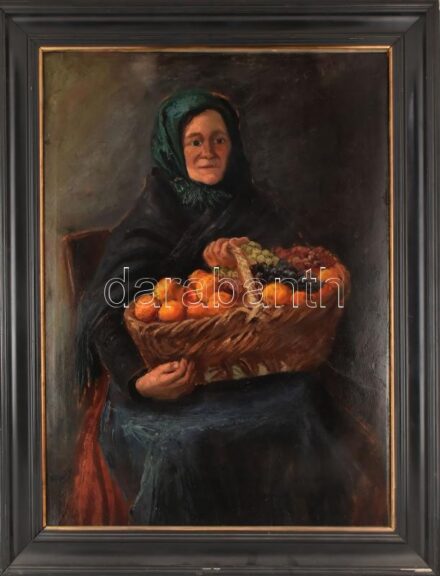 Csapó J jelzéssel: Asszony gyümölcskosárral. Olaj, karton. Dekoratív, kissé sérült fakeretben. 94x70 cm. KIZÁRÓLAG SZEMÉLYES ÁTVÉTEL, NEM POSTÁZZUK! / ONLY PERSONAL COLLECTION AT OUR OFFICE.