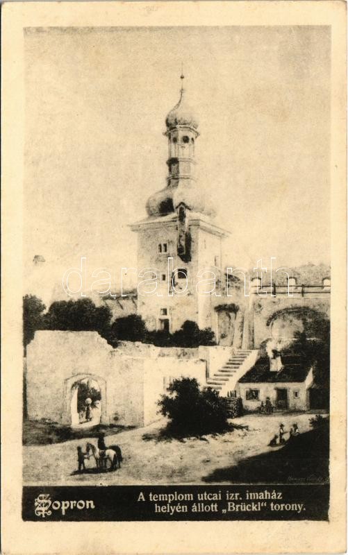 1912 Sopron, A Templom utcai izraelita imaház (zsinagóga) helyén állott 'Brückl' torony s: Hauser Károly