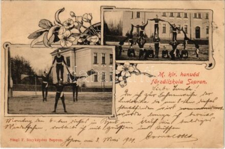1901 Sopron, M. kir. honvéd főreáliskola, tornacsapat akrobatikus mutatványa. Stagl F. fényképész, Art Nouveau, floral