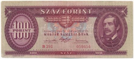 1947. 100Ft 'B 291 059454' T:II-,III bal alsó sarokban kis anyaghiány / 1947. 100 Forint 'B 291 059454' C:VF,F small missing material on lower-left corner Adamo F27