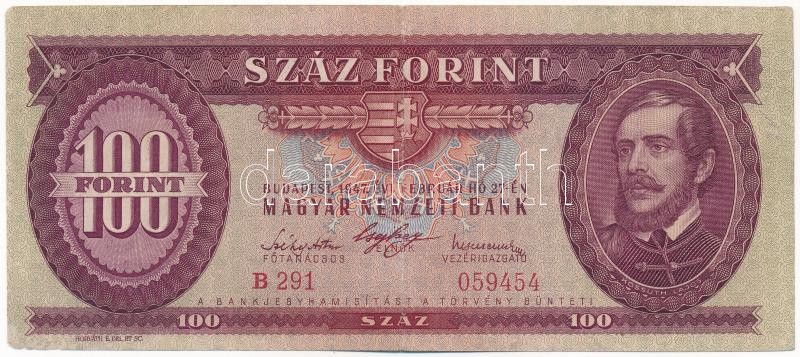 1947. 100Ft 'B 291 059454' T:II-,III bal alsó sarokban kis anyaghiány / 1947. 100 Forint 'B 291 059454' C:VF,F small missing material on lower-left corner Adamo F27