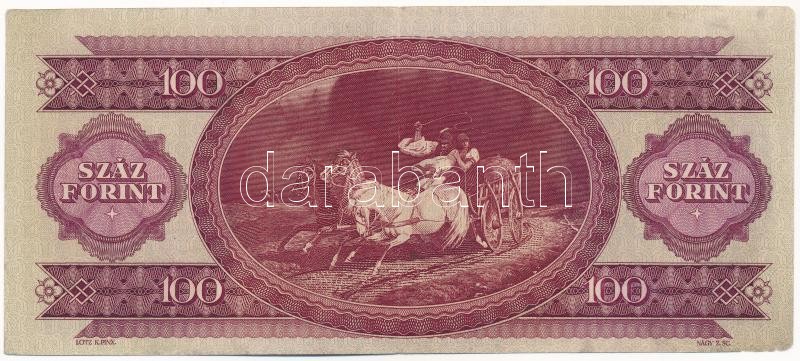 1947. 100Ft 'B 291 059454' T:II-,III bal alsó sarokban kis anyaghiány / 1947. 100 Forint 'B 291 059454' C:VF,F small missing material on lower-left corner Adamo F27 - Image 2