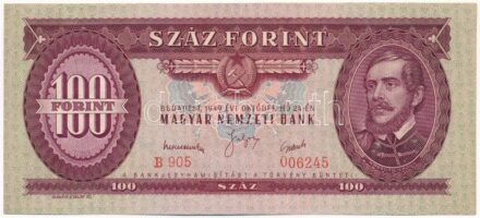 1949. 100Ft 'B 905 006245' nyomdai papírráncokkal T:I / Hungary 1949. 100 Forint 'B 905 006245' with printing creases Adamo F28