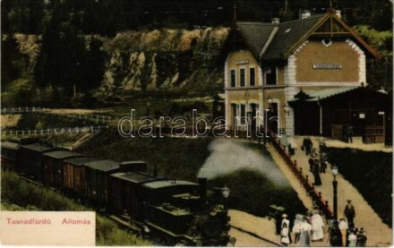 Tusnádfürdő, Baile Tusnad; vasútállomás, gőzmozdony, vonat. Adler Alfréd / railway station, locomotive, train