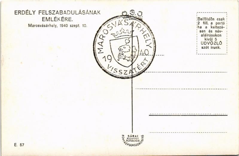 1940 Marosvásárhely, Targu Mures; bevonulás, cukrászda, A Mező Csávási Turul harcosok táblája, horogkeresztes zászló. Sárai E. 57. / entry of the Hungarian troops, swastika flag, confectionery shop + '1940 Marosvásárhely visszatért' - Image 2
