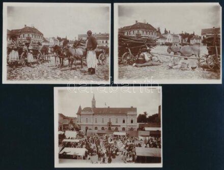 cca 1900-1910 Zilah, piac a Kossuth téren, 5 db fotó, 12x9 cm / Zalau, market, 5 vintage photos, 12x9 cm